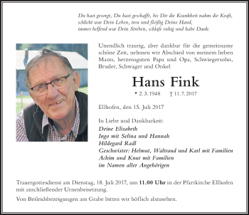 Traueranzeige von Hans Fink von Der Westallgäuer