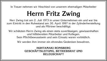Traueranzeige von Fritz Zwing von Allgäuer Zeitung