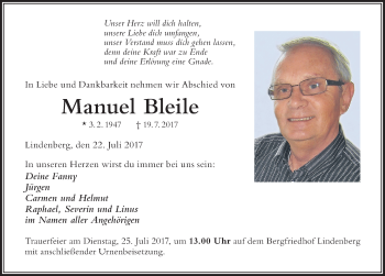 Traueranzeige von Manuel Bleile von Der Westallgäuer
