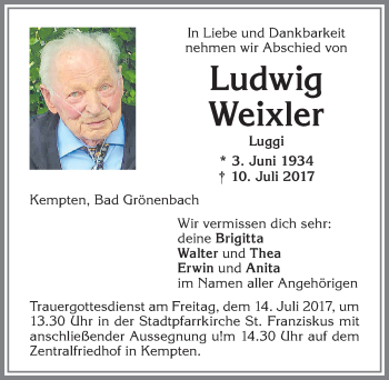 Traueranzeige von Ludwig Weixler von Allgäuer Zeitung,Kempten