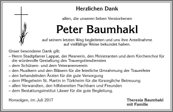 Traueranzeige von Peter Baumhakl von Allgäuer Zeitung, Kaufbeuren/Buchloe
