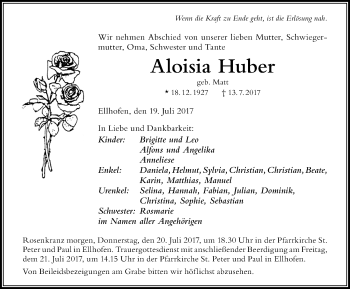 Traueranzeige von Aloisia Huber von Der Westallgäuer