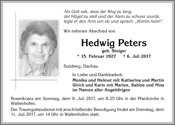 Traueranzeige von Hedwig Peters von Allgäuer Zeitung,Kempten