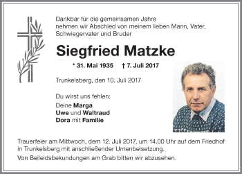 Traueranzeige von Siegfried Matzke von Memminger Zeitung