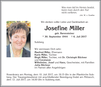 Traueranzeige von Josefine Miller von Allgäuer Zeitung,Kempten