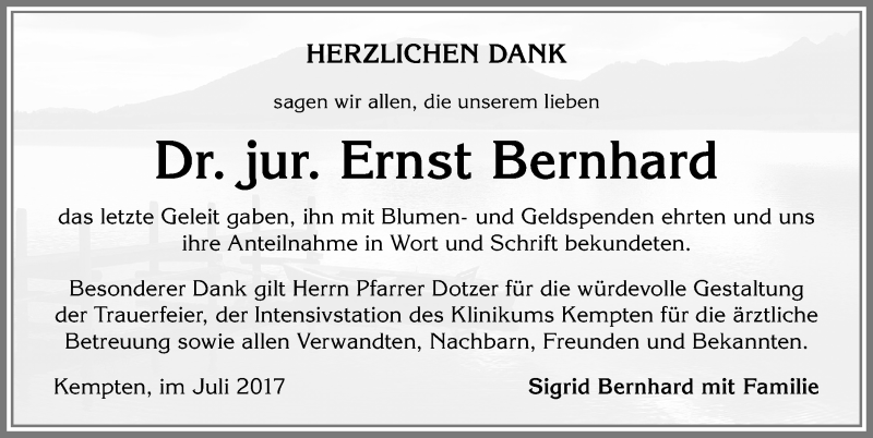  Traueranzeige für Ernst Bernhard vom 08.07.2017 aus Allgäuer Zeitung,Kempten