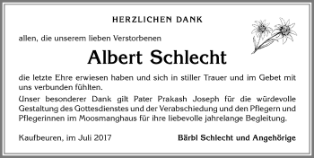 Traueranzeige von Albert Schlecht von Allgäuer Zeitung, Kaufbeuren/Buchloe