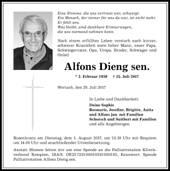 Traueranzeige von Alfons Dieng von Allgäuer Zeitung