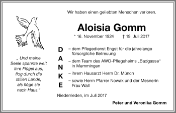 Traueranzeige von Aloisia Gomm von Memminger Zeitung