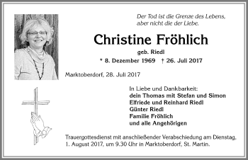 Traueranzeige von Christine Fröhlich von Allgäuer Zeitung, Marktoberdorf