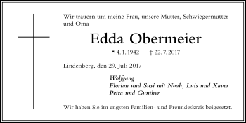 Traueranzeige von Edda Obermeier von Der Westallgäuer