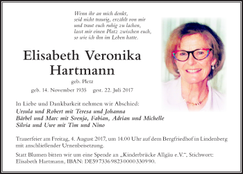 Traueranzeige von Elisabeth Veronika Hartmann von Der Westallgäuer