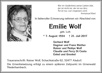 Traueranzeige von Emilie Wolf von Allgäuer Zeitung, Marktoberdorf