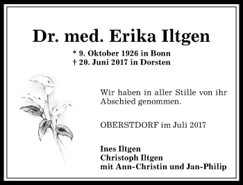 Traueranzeige von Erika Iltgen von Allgäuer Anzeigeblatt