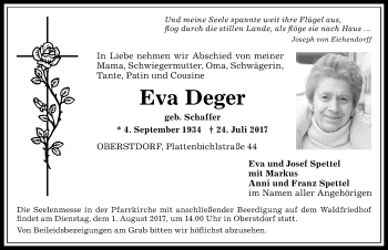 Traueranzeige von Eva Deger von Allgäuer Anzeigeblatt