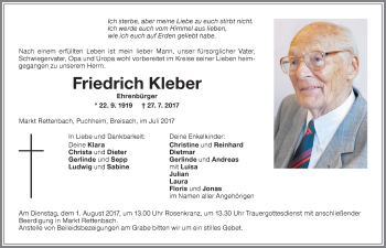 Traueranzeige von Friedrich Kleber von Memminger Zeitung