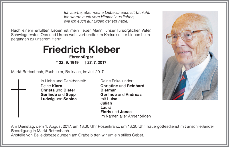  Traueranzeige für Friedrich Kleber vom 29.07.2017 aus Memminger Zeitung