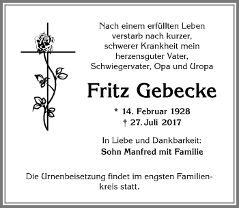 Traueranzeige von Fritz Gebecke von Allgäuer Zeitung,Kempten