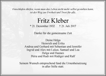 Traueranzeige von Fritz Kleber von Allgäuer Zeitung, Füssen