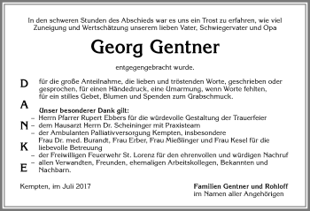 Traueranzeige von Georg Gentner von Allgäuer Zeitung,Kempten