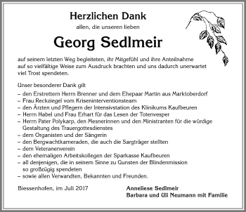 Traueranzeige von Georg Sedlmeir von Allgäuer Zeitung, Kaufbeuren/Buchloe