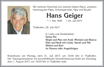 Traueranzeige von Hans Geiger von Allgäuer Zeitung, Marktoberdorf