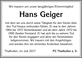 Traueranzeige von Hans Geiger von Allgäuer Zeitung, Marktoberdorf