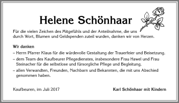 Traueranzeige von Helene Schönhaar von Allgäuer Zeitung, Kaufbeuren/Buchloe