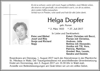 Traueranzeige von Helga Dopfer von Allgäuer Zeitung, Marktoberdorf