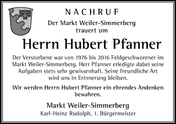 Traueranzeige von Hubert Pfanner von Der Westallgäuer