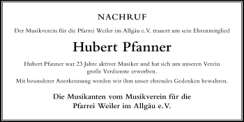 Traueranzeige von Hubert Pfanner von Der Westallgäuer