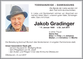 Traueranzeige von Jakob Gradinger von Memminger Zeitung