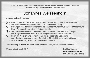 Traueranzeige von Johannes Weissenhorn von Memminger Zeitung