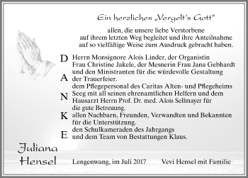 Traueranzeige von Juliana Hensel von Allgäuer Zeitung