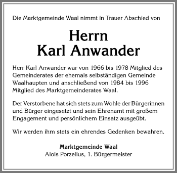 Traueranzeige von Karl Anwander von Allgäuer Zeitung, Kaufbeuren/Buchloe