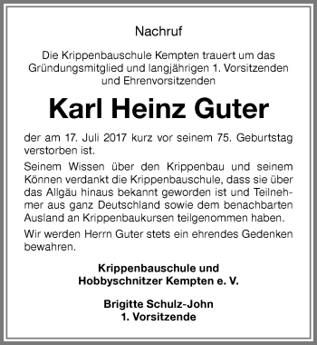 Traueranzeige von Karl Heinz Guter von Allgäuer Zeitung,Kempten