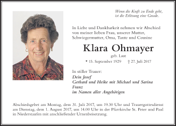 Traueranzeige von Klara Ohmayer von Der Westallgäuer