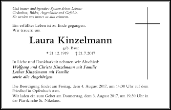 Traueranzeige von Laura Kinzelmann von Der Westallgäuer