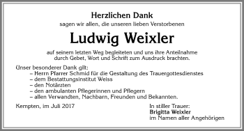 Traueranzeige von Ludwig Weixler von Allgäuer Zeitung,Kempten