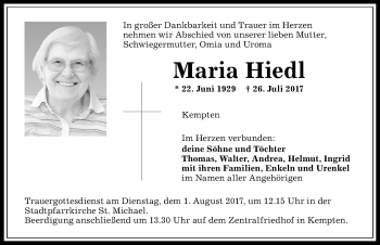 Traueranzeige von Maria Hiedl von Allgäuer Zeitung,Kempten