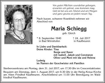 Traueranzeige von Maria Schiegg von Allgäuer Zeitung, Kaufbeuren/Buchloe