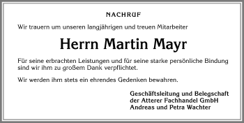 Traueranzeige von Martin Mayr von Allgäuer Zeitung, Marktoberdorf