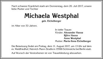 Traueranzeige von Michaela Westphal von Allgäuer Zeitung, Kaufbeuren/Buchloe