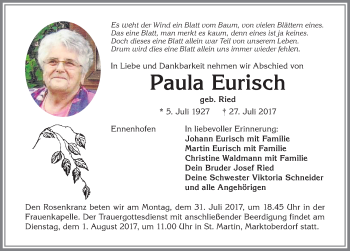 Traueranzeige von Paula Eurisch von Allgäuer Zeitung, Marktoberdorf