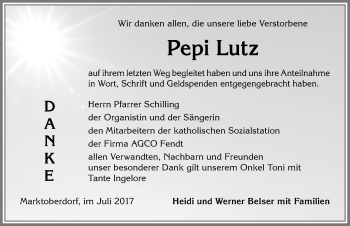 Traueranzeige von Pepi Lutz von Allgäuer Zeitung, Marktoberdorf