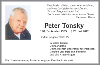 Traueranzeige von Peter Tonsky von Allgäuer Zeitung