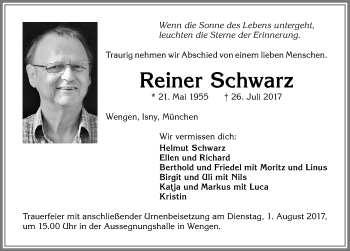 Traueranzeige von Reiner Schwarz von Allgäuer Zeitung,Kempten