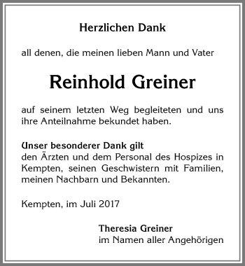 Traueranzeige von Reinhold Greiner von Allgäuer Zeitung,Kempten