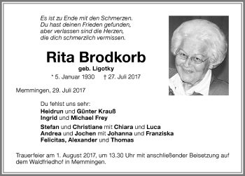 Traueranzeige von Rita Brodkorb von Memminger Zeitung