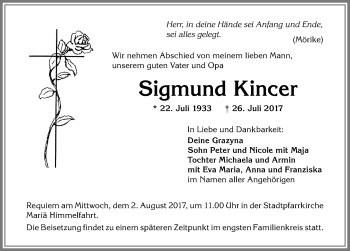 Traueranzeige von Sigmund Kincer von Allgäuer Zeitung, Kaufbeuren/Buchloe